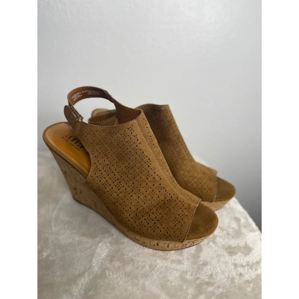 A.N.A. Malik Women Brown Laser Cut Wedge Sandals Cork Heel Slingback Size 10M
